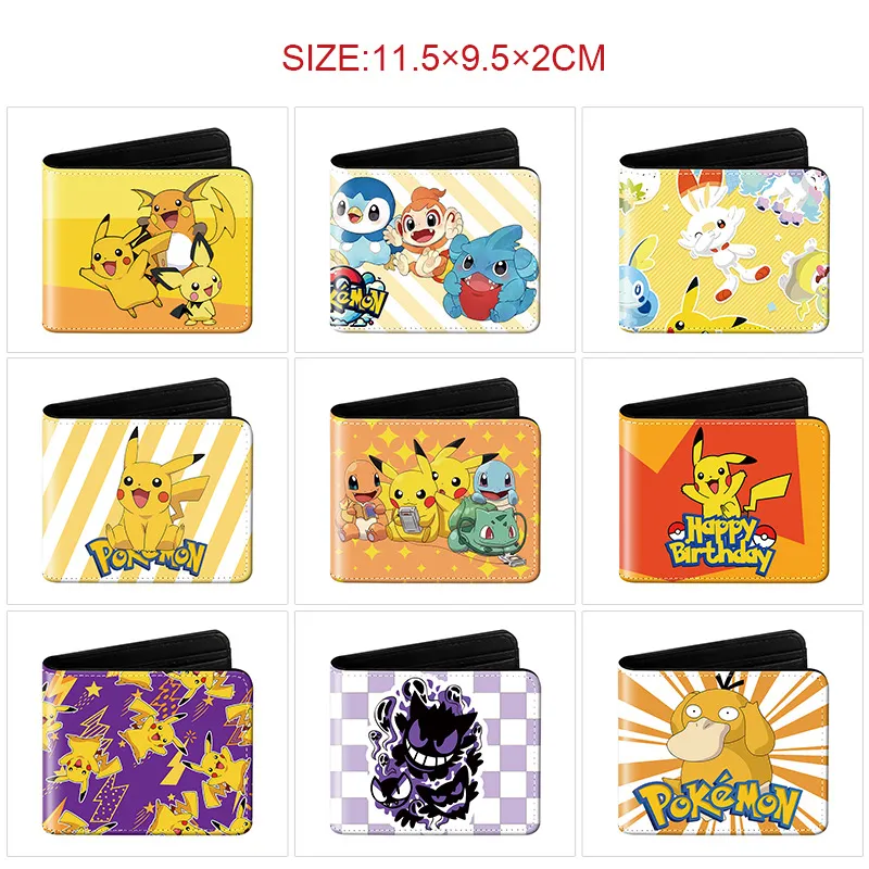 Pokémon Inspired Short Bi-Fold Wallet – Cute Pikachu & Starters Print Card Holder with Coin Pocket & ID Window, Compact PU Leather Billfold for Students & Fans